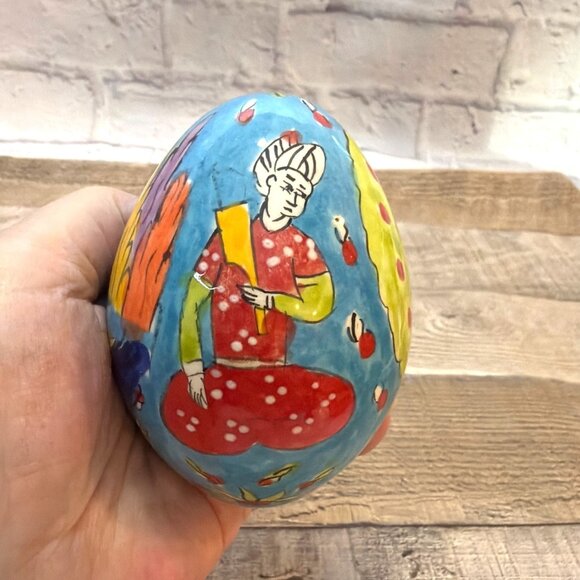 Hand-Painted Turkish Ceramic Pottery Egg Istanbul Grand Bazaar Blue Folk Art VTG - Picture 9 of 13